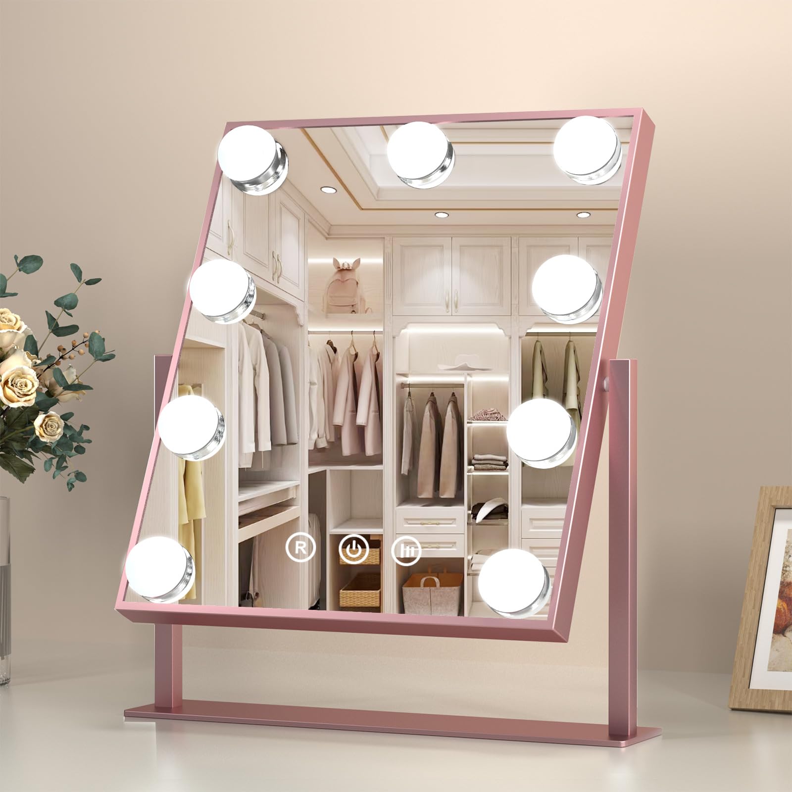 COSMIRROR Vanity Makeup Mirror with Lights Hollywood Large Mirror with Lights Lighted Vanity Mirror with 9 Dimmable Bulbs & 3 Color ModesTouch Control Tabletop Makeup Mirror 360°Rotation